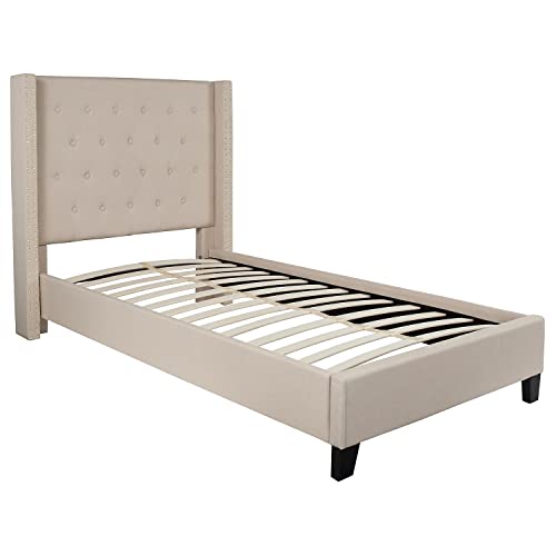 Flash Furniture Riverdale Twin Size Tufted Upholstered Platform Bed in Beige Fabric