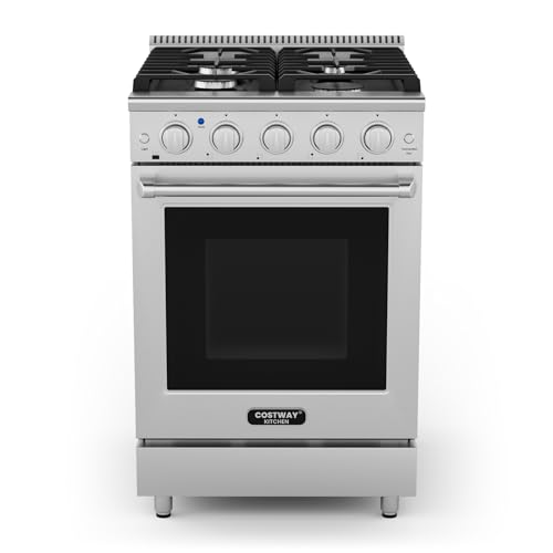 COSTWAY 24 Inches Natural Gas Range, with 4 Burners Cooktop & 3.73 Cu.Ft. Convection Oven, Storage Drawer, Dual Fuels Range with Cast Iron Grates & Enamel Interior, Stainless Steel (24 Inch)