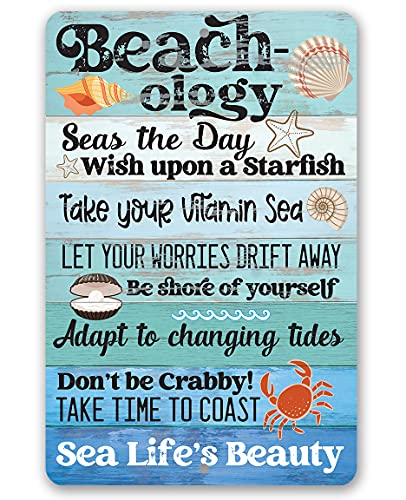 Beachology Sea Life's Beauty - Great Beach House Relax Sign, Coastal Summer Decoration for Beach Themed Party, Sea Shells and Starfish Cool Home Print, Indoor or Outdoor Durable Metal Sign 8x12