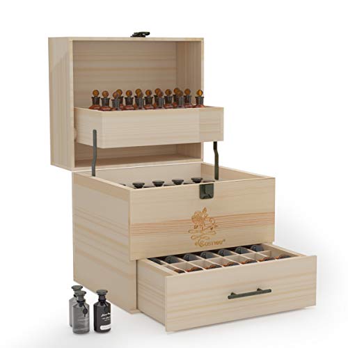 COSTWAY Wooden Essential Oil Storage Box for 59 Bottles, Holds 5 10 15 ml, Multi-Tray Organizer with 3 Tier Space Saver, Oil Case Holder with Sturdy Pine Material and Removable Inner Planks