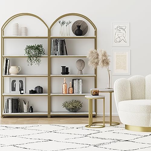 Nathan James Haven Etagere Bookshelf, 5-Shelf Faux Marble Bookcase in White Faux Marble Finish and Gold Metal Frame with Arch Top and Open Shelves, White/Gold, Set of 2