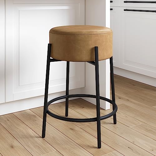 Nathan James Isaac 24" Modern Backless Bar Stool with Round Soft Padded Faux Leather Upholstered Seat and Metal Mid-Century Base, Light Brown/Black