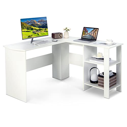 COSTWAY White L-Shaped Desk, 51Ó Modern Simple Style Writing Desk w/Storage Shelves, 2 Cable Management Holes, Space-Saving Design, Corner Computer Desk for Home, Office, White