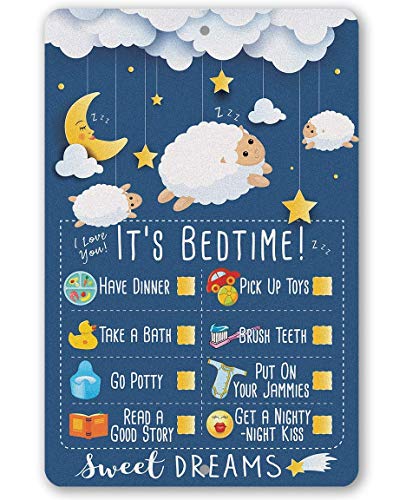 Child Bedtime - Cute Baby Room Decor, Baby Shower and Nursery Room Accessories, Good Night Moon Stars and Sheep, 8x12 Use Indoors or Outdoors Durable Metal Sign