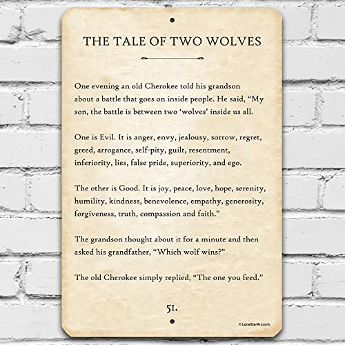 Cherokee Metal Sign - The Tale of Two Wolves - Durable Metal Sign - Use Indoor/Outdoor - Native American Sign - Great Motivational and Inspirational Gift for Home Native American Decor (8" x 12")