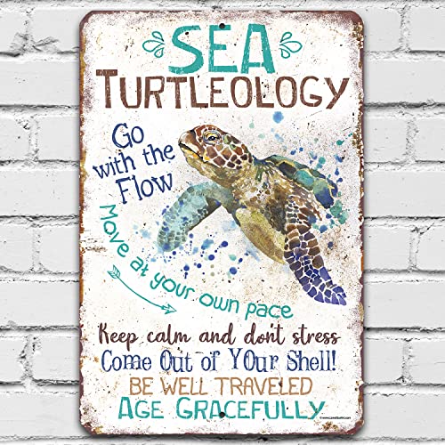 Sea Turtle Decor - Sea Turtleology - Durable Sea Turtle Gifts Metal Sign - Metal Sea Turtle Wall Decor - Sea Turtles Ocean Bathroom Decor - Great SeaTurtle Decorations for Home - Turtle Sign 12" x 18"