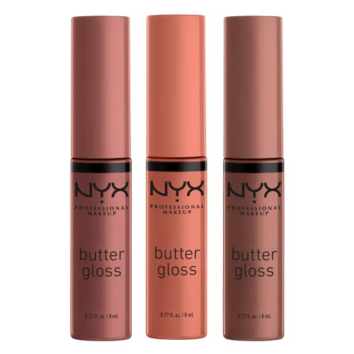NYX PROFESSIONAL MAKEUP Butter Gloss Brown Sugar, Non-Sticky Lip Gloss - Pack Of 3 (Sugar High, Spiked Toffee, Butterscotch)