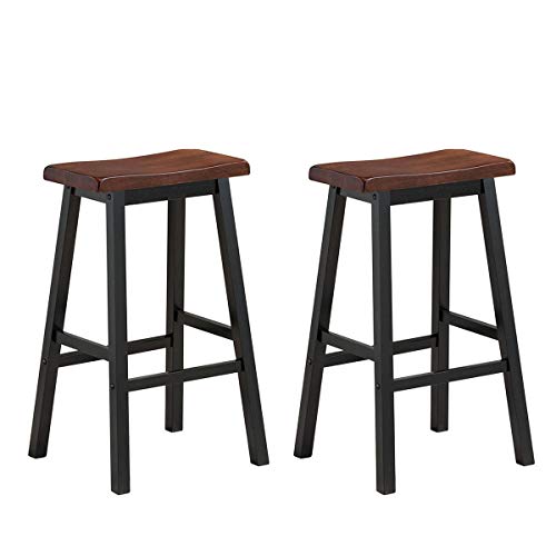 COSTWAY Saddle Stools Set of 2, 29-inch Height Vintage Counter Height Chairs with Solid Wood Legs, Modern Backless Design Indoor Bar Stools for Kitchen, Dining, Pub and Bistro, Brown