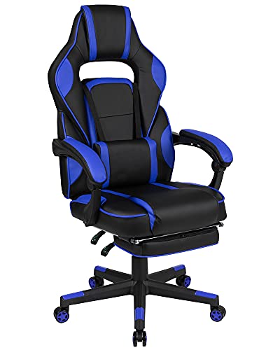 Flash Furniture X40 Gaming Chair Racing Ergonomic Computer Chair with Fully Reclining Back/Arms, Slide-Out Footrest, Massaging Lumbar - Black/Blue