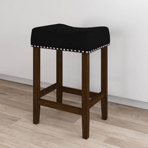 Nathan James Hylie Nailhead Wood Pub-Height Kitchen Counter Bar Stool, 24", Black/Dark Brown