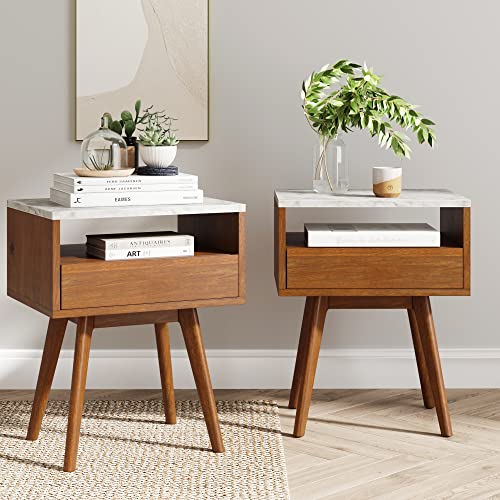 Nathan James James Mid-Century Accent Side or End Table with Storage, Faux Marble Top and Wood Frame, Set of 2, White/Brown - Set of 2