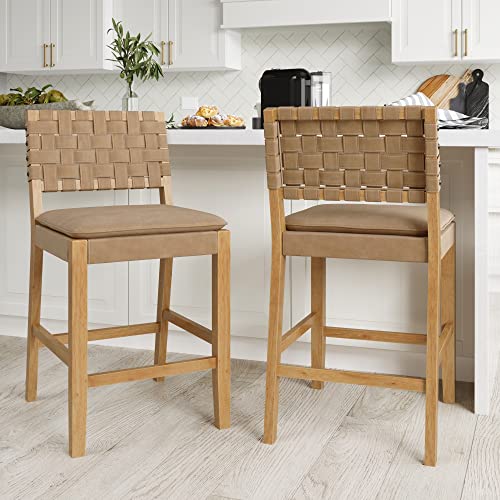 Nathan James Cohen Mid-Century Modern Leather Bar Stool, Counter Height Chair in Solid Wood Frame with Footrest and Woven Leather Back for Kitchen, Natural Brown, Set of 2