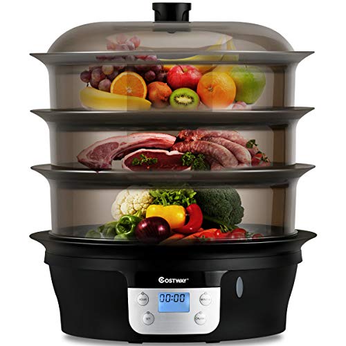 COSTWAY Food Steamer Vegetable Steamer 3 Tier Stackable Baskets 20 Quart Capacity 1000W Fast Heat-Up Timing, Automatic Shut Off, Appointment Electric Pot Cooker w/Food Tray