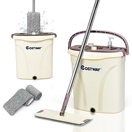 COSTWAY Flat Mop and Bucket Set with 2PCS Microfiber Pads, Hand-Free Wringing Squeeze Mop Separate Dirty Water from Clean Water for Wet and Dry Mopping on Hardwood, Laminate, Tile