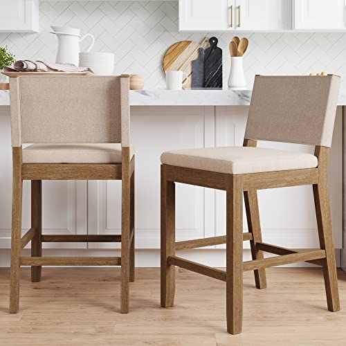 Nathan James Linus Modern Upholstered Counter Height Bar Stool with Back and Solid Rubberwood Legs in a Wire-Brushed Light Brown Finish, Natural Flax/Brown, Set of 2