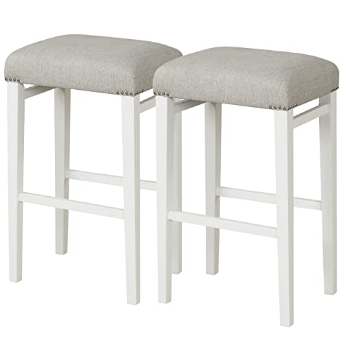 COSTWAY Bar Stools Set of 2, 29.5-inch Counter Height Backless Stools with Padded Seat Cushions, Natural Rubber Wood Legs, Comfortable Footrests, Nailhead Trim Decoration, Anti-slip Pads, Grey + White