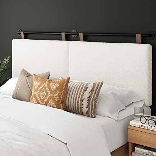 Nathan James Charlie Wall Mount Hanging Headboard, King, White Boucle with Brown Faux Leather Straps