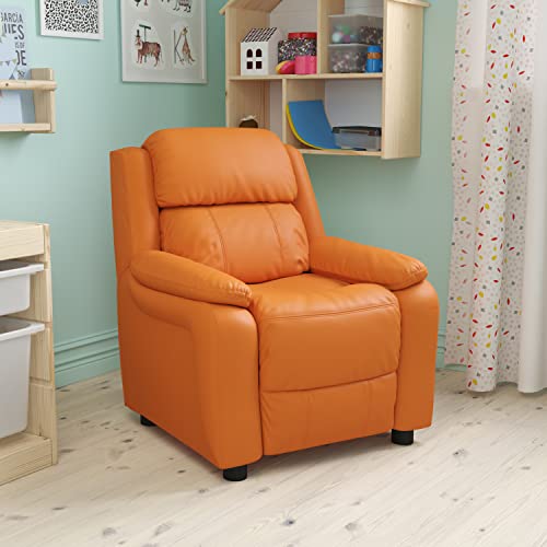 Flash Furniture Charlie Deluxe Padded Contemporary Orange Vinyl Kids Recliner with Storage Arms