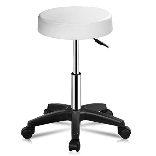 COSTWAY Adjustable Hydraulic Rolling Stool, Swivel Height Salon Stools, 360 Degree Rotation Bar Stool Chair with Casters Wheels for Tattoo/Facial Spa/Massage (White)