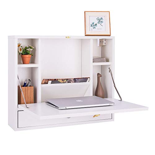 COSTWAYUS COSTWAY Wall Mounted Folding Laptop Desk Hideaway Organizer Storage Space Saver w/Drawer, White