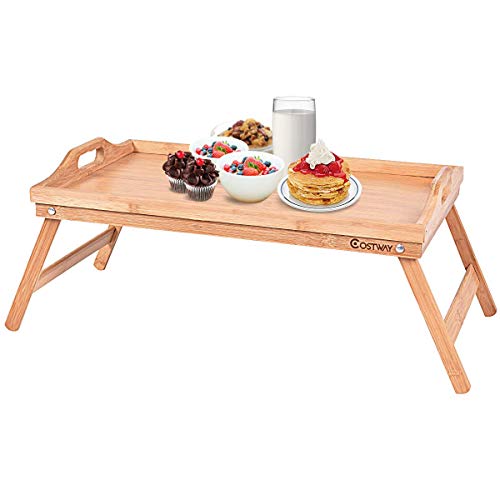 Costway Bamboo Laptop Desk Table Portable Breakfast Serving Bed Tray Folding Leg with Handle (Bamboo)