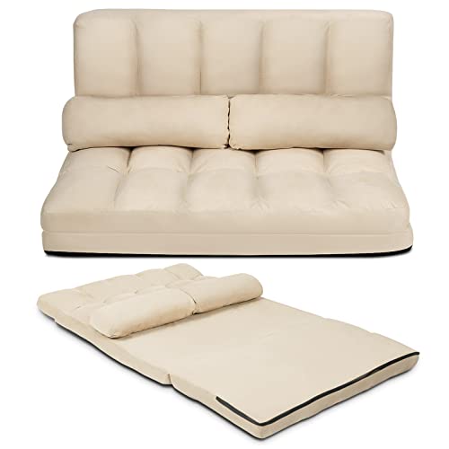 COSTWAY Floor Sofa Couch with 2 Pillows, Foldable 6-Position Adjustable Lazy Sofa Bed Sleeper with Metal Frame, Soft Suede Fabric, Gaming Playing Lounge Recliner for Adults (Beige)