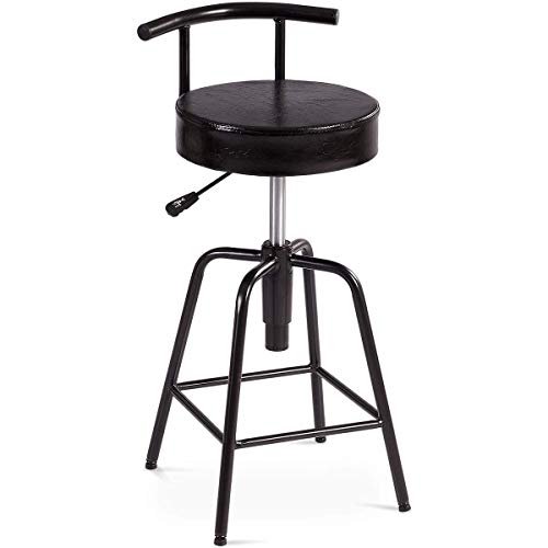 COSTWAY Bar Stool, Adjustable Swivel PU Leather Covered Cushion, Powder Coated Iron Frames, with Square Footrest, Universal Shackles, for Home, Cafe and Bar, Black (1 Stool, Square Footrest)