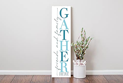 Twisted R Design Friends and Family Gather Here Sign - Unique Vertical Decor Wooden Sign, 24" Hanging/Standing Farmhouse Decor, Directly Printed Home Decorations For Family and Friends Gathering, 2ft