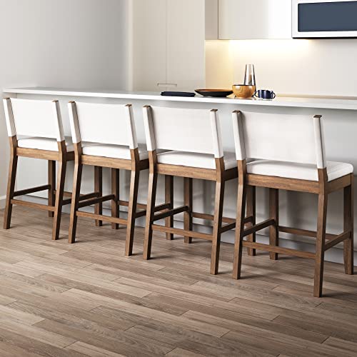 Nathan James Linus Modern Upholstered Counter Height Bar Stool with Back and Solid Rubberwood Legs in a Dark Brown Wood, Natural Light Grey/Brown, Set of 4