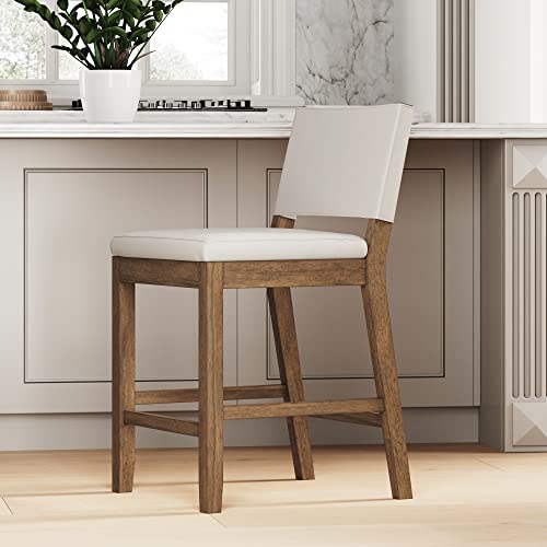 Nathan James Linus Modern Upholstered Counter Height Bar Stool with Back and Solid Rubberwood Legs in a Dark Brown Wood, Natural Light Grey/Brown