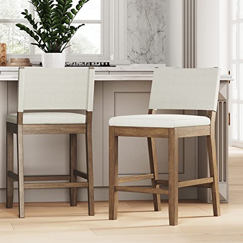 Nathan James Linus Modern Upholstered Counter Height Bar Stool with Back and Solid Rubberwood Legs in a Dark Brown Wood, Natural Light Grey/Brown, Set of 2