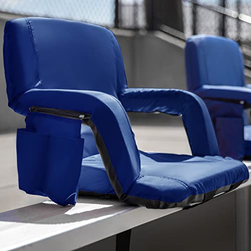 Flash Furniture Malta Portable Lightweight Reclining Stadium Chair - Blue Padded Armrests, Back, Seat - Dual Storage Pockets - Backpack Straps - Rear Zipper Pocket