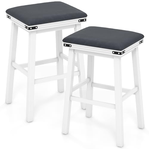 COSTWAY Upholstered Bar Stool, Backless Bar Chairs with PU Leather Padded Seat, Solid Wood Frame and Footrest, Counter Height Stools for Kitchen Island Home Bar (White, 30-inch & Set of 2)