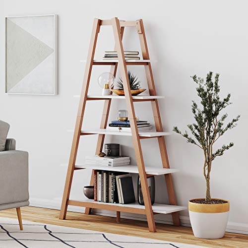 Nathan James 62201 Carlie 5-Shelf Ladder Bookcase, Display or Decorative Storage Rack with White and Rove Brown Wooden Ladder Shelves