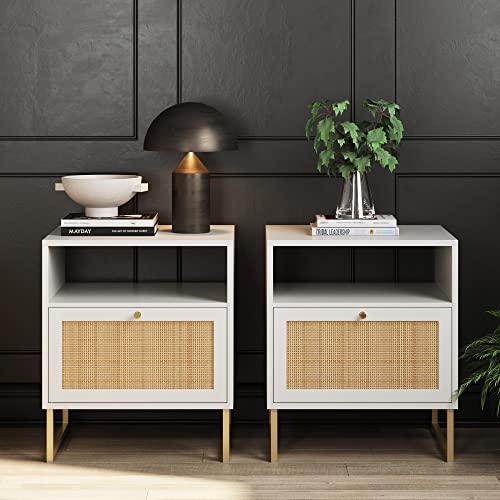 Nathan James Mina Rattan Wood End Side Accent Table Nightstand with Storage, Set of 2, White/Gold