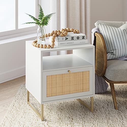 Nathan James Mina Rattan Wood End Side Accent Table Nightstand with Storage, 1, White/Gold