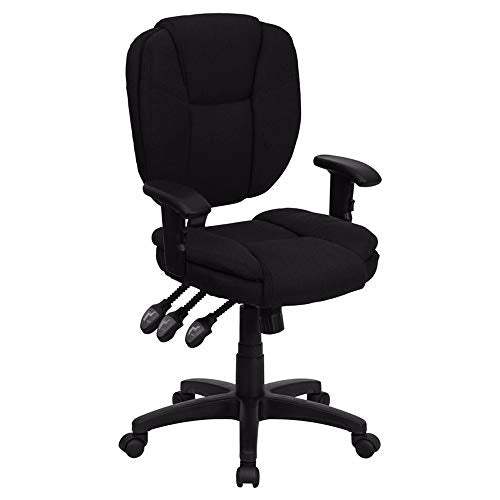 Flash Furniture Caroline Mid-Back Black Fabric Multifunction Swivel Ergonomic Task Office Chair with Pillow Top Cushioning and Arms