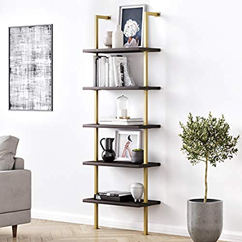 Nathan James Theo 5-Shelf Modern Bookcase, Open Wall Mount Ladder Bookshelf with Industrial Metal Frame, Dark Oak/Gold