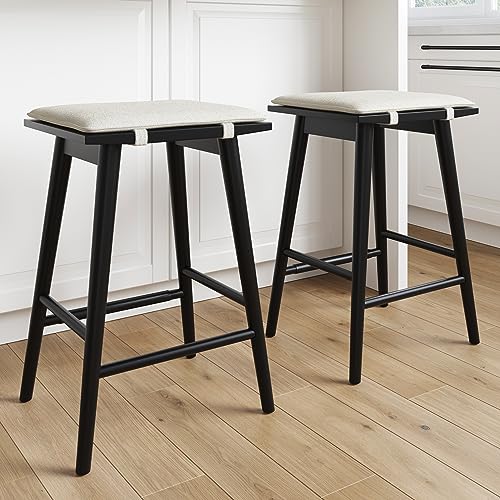 Nathan James Barker Counter Height Wood Barstool with Upholstered Cushion, Backless Island Stool for Kitchen, Black/White, Set of 2