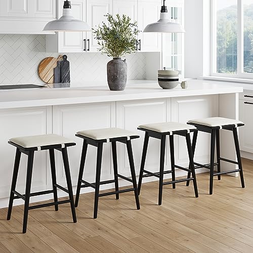 Nathan James Barker Counter Height Wood Barstool with Upholstered Cushion, Backless Island Stool for Kitchen, Black/White, Set of 4