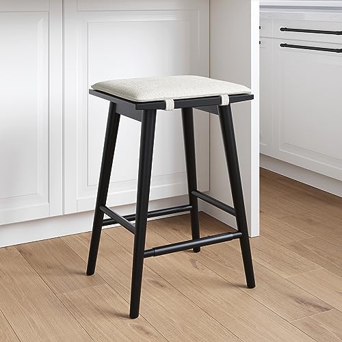 Nathan James Barker Counter Height Backless Solid Wood Barstool with Boucle Upholstered Cushion, with Rubberwood Legs and Natural Textured Linen Upholstery for Kitchen, Black/White