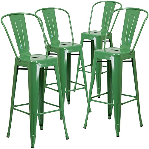 Flash Furniture Lily Commercial Grade 4 Pack 30" High Green Metal Indoor-Outdoor Barstool with Removable Back