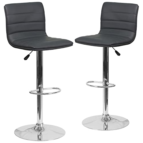 Flash Furniture Vincent 2 Pack Modern Gray Vinyl Adjustable Bar Stool with Back, Counter Height Swivel Stool with Chrome -Pedestal Base