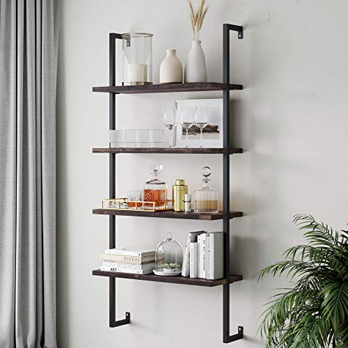 Nathan James Theo 4-Shelf Bookcase, Floating Wall Mount Shelves with Natural Wood and Industrial Pipe Metal Frame, Nutmeg/Black