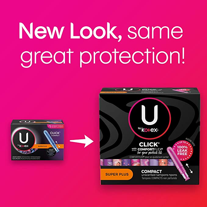 U by Kotex Click Compact Tampons, Super Plus Absorbency, Unscented - 192 Total Count (6 Packs of 32)