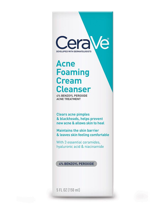 CeraVe Acne Foaming Cream Cleanser, 5 Oz - with 4% Benzoyl Peroxide Acne Treatment