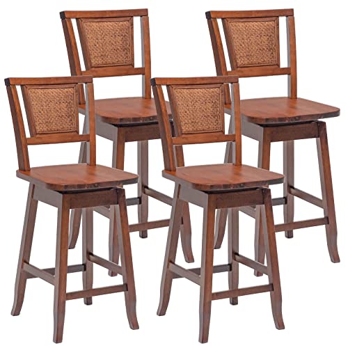 COSTWAY Bar Stools Set of 4, 24.5 Inch Counter Height Bar Stool with Rattan Back, 360¡Swivel Seat, Comfortable Footrests, Rubber Wood Bar Stools for Kitchen Island, Dining Room, Cafe, Pub (4)