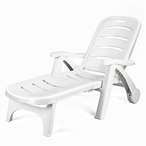 COSTWAY Folding Chaise Wheels Outdoor Patio Deck Chair Adjustable Rolling Lounger 5 Position Recliner w/Armrests, White