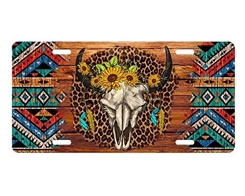 Vanity Decorative Western Aluminum Front License Plate (Western Aztec Bull Skull)