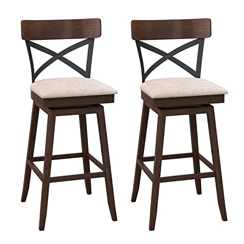 COSTWAY Bar Stool Set of 2, 30 Inch Swivel Ergonomic Bar Height Chairs with Cushioned Seat, Open X Back & Footrest, Wooden Barstools for Kitchen Island, Pub, Bistro, CafŽ, Brown (2, 30 inch)